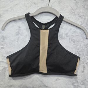 Victoria’s Secret High Neck Bikini Top Black Mesh Strip Down Center & Sides. S